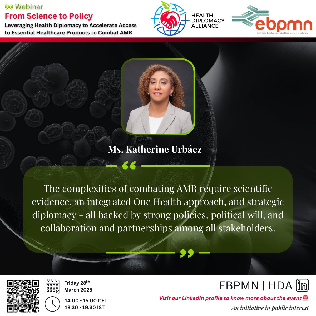 We're hosting a webinar with <a href="/HealthDiploA/">Health Diplomacy Alliance</a> for #awareness, #policies, &amp; #advocacy on #AntimicrobialResistance! 
🗓️March 28 2025 - 14:00 CET | 18:30 IST   
Register using zoom.us/webinar/regist… or scan the code below!
<a href="/AMRAlliance/">AMR IndustryAlliance</a> <a href="/reactgroup/">ReAct - Action on Antibiotic Resistance</a> <a href="/AMRActionFund/">AMR Action Fund</a> <a href="/gatesfoundation/">Gates Foundation</a> <a href="/WHO/">World Health Organization (WHO)</a>