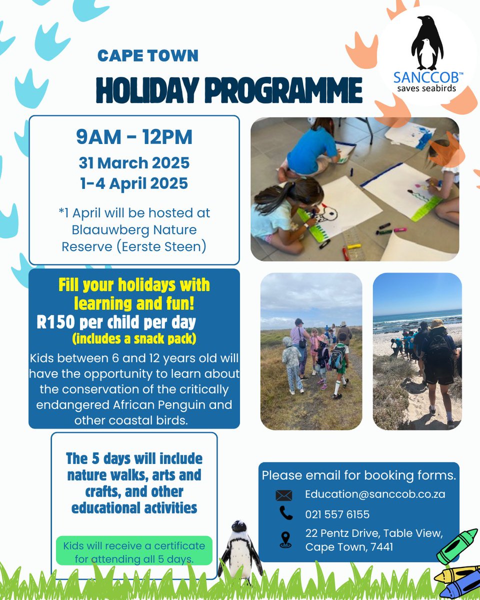 SANCCOB (@sanccob) on Twitter photo Looking for fun educational activities for your kids these holidays? Join us as SANCCOB Table View for an interactive and exciting nature programme!
Learn all about the critically endangered African Penguin and its seabird friends.
Email education@sanccob.co.za for bookings. Looking for fun educational activities for your kids these holidays? Join us as SANCCOB Table View for an interactive and exciting nature programme!
Learn all about the critically endangered African Penguin and its seabird friends.
Email education@sanccob.co.za for bookings.