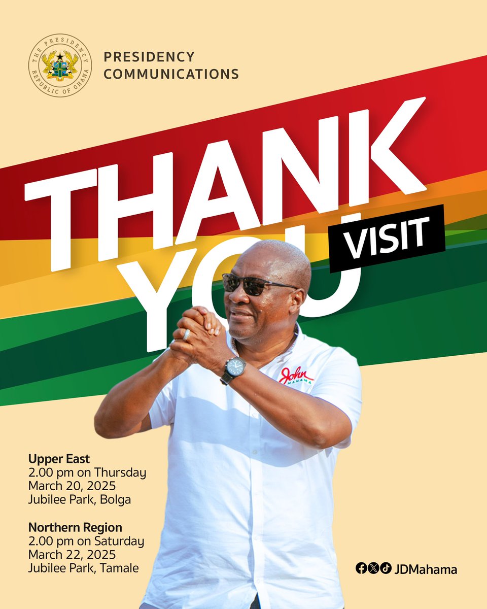 Ghana Presidency (@ghanapresidency) on Twitter photo President <a href="/JDMahama/">John Dramani Mahama</a> will today begin a two-region Thank You Visit to convey his appreciation to the Chiefs and people of the Upper East and Northen Regions for their support and overwhelming endorsement in the 2024 general elections.
#MahamaThePresident
#ResettingGhana President <a href="/JDMahama/">John Dramani Mahama</a> will today begin a two-region Thank You Visit to convey his appreciation to the Chiefs and people of the Upper East and Northen Regions for their support and overwhelming endorsement in the 2024 general elections.
#MahamaThePresident
#ResettingGhana
