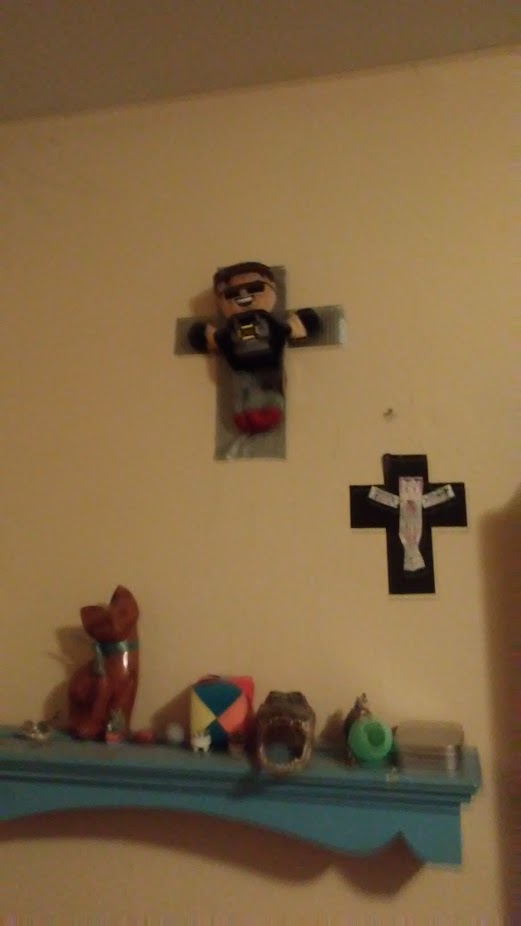 cellar_weaver's tweet image. remembering when i had the sky does minecraft and setosorcerer crucifixes on the wall