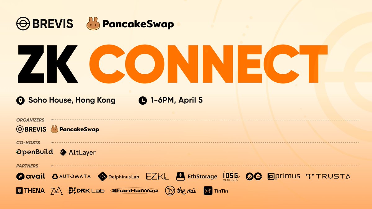 brevis_zk's tweet photo. š§ Excited about the latest breakthroughs in #ZK?
š”Join #ZKConnect before the @festival_web3!
Organized by Brevis & @PancakeSwap, with cohosts @OpenBuildxyz & @alt_layer!
šSoho House, Hong Kong
š
April 5 13:00-18:00 GMT+8
ā¬ļøRegister Nowā¬ļø
https://t.co/Oy4OnFhlrz https://t.co/Mn30a23rUb
