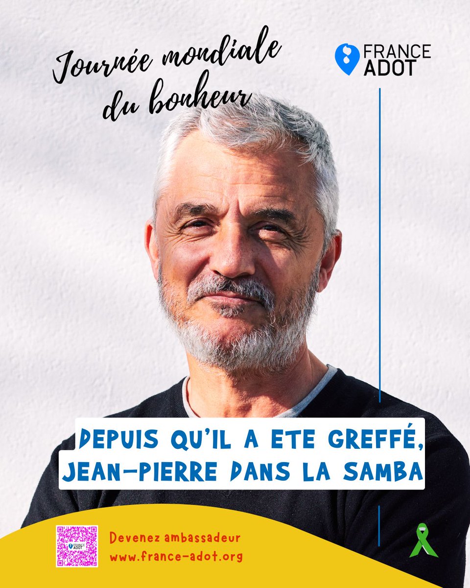 🎉 Bonne Journée Mondiale du Bonheur ! 🎈

 Jean-Pierre, notre héros du jour. Avant sa transplantation, il avait l'énergie d'un escargot en hibernation. Aujourd'hui, il danse la samba tous les jeudis – et il n'a jamais mis les pieds au Brésil ! 🎶💃

france-adot.org