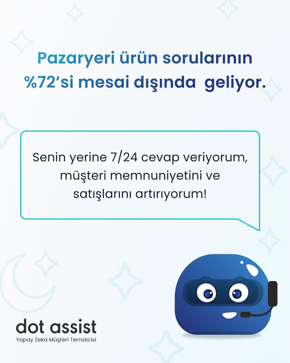 DotAssist's tweet photo. 🛍️ Pazaryeri ürün sorularının %72’si mesai saatleri dışında geliyor! 

Marka dilini, ürünlerini ve mağaza operasyonlarını anında öğrenen ve her soruya özel yanıt veren bir Yapay Zeka Müşteri Temsilcisi ile tanışmak istemez misiniz?

Dot Assist ile ürün sorularını 7/24 cevaplayın. https://t.co/FmjID5LFUm