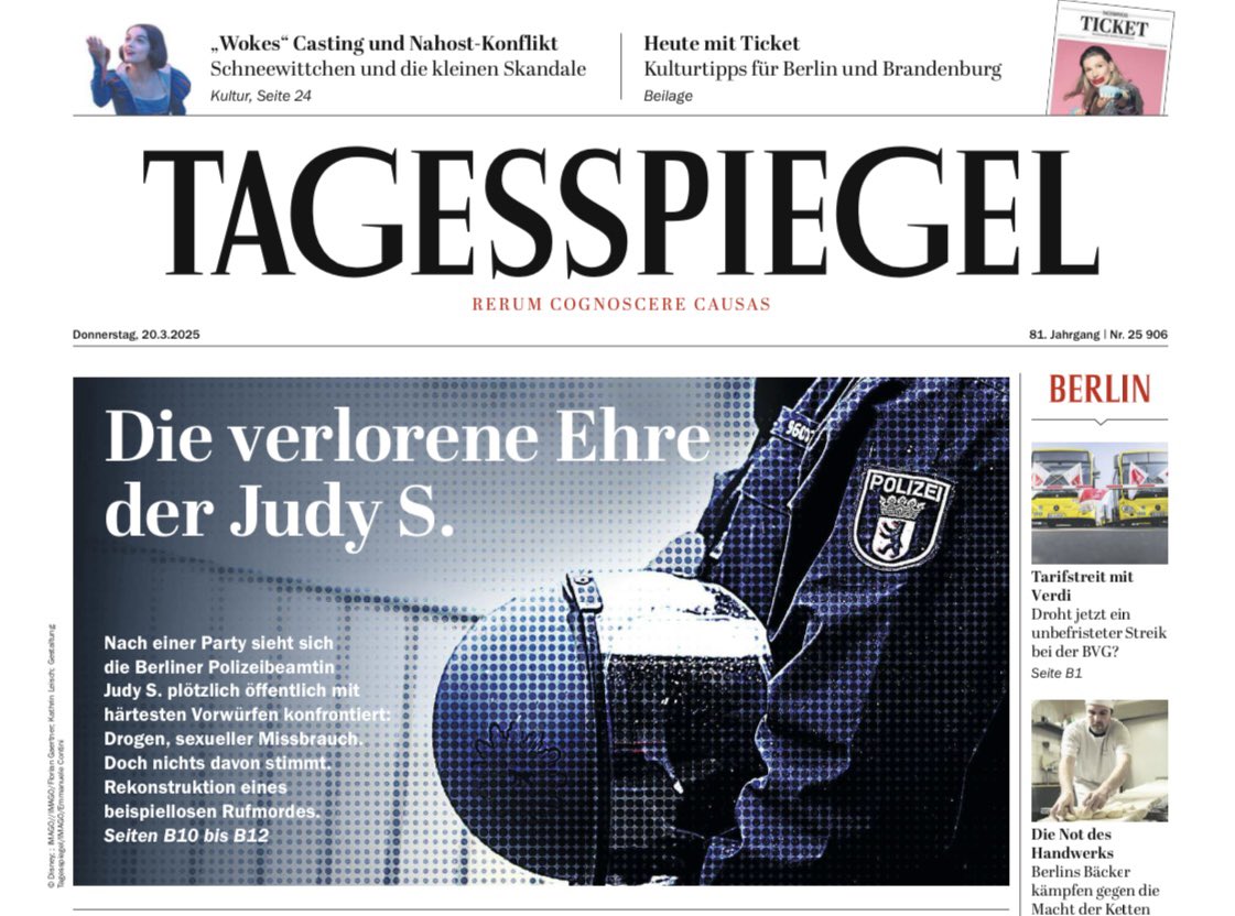 Ann-Kathrin Hipp (@ak_hipp) on Twitter photo Die verlorene Ehre der Judy S.: Eine Berliner Polizistin, angeblich trans, soll Bundespolizisten unter Drogen gesetzt & missbraucht haben. So schreibt es <a href="/BILD/">BILD</a> mehrfach. Spoiler: Nichts davon stimmt. <a href="/Tagesspiegel/">Tagesspiegel</a> haben wir die Geschichte rekonstruiert.
tagesspiegel.de/berlin/unhaltb… Die verlorene Ehre der Judy S.: Eine Berliner Polizistin, angeblich trans, soll Bundespolizisten unter Drogen gesetzt & missbraucht haben. So schreibt es <a href="/BILD/">BILD</a> mehrfach. Spoiler: Nichts davon stimmt. <a href="/Tagesspiegel/">Tagesspiegel</a> haben wir die Geschichte rekonstruiert.
tagesspiegel.de/berlin/unhaltb…