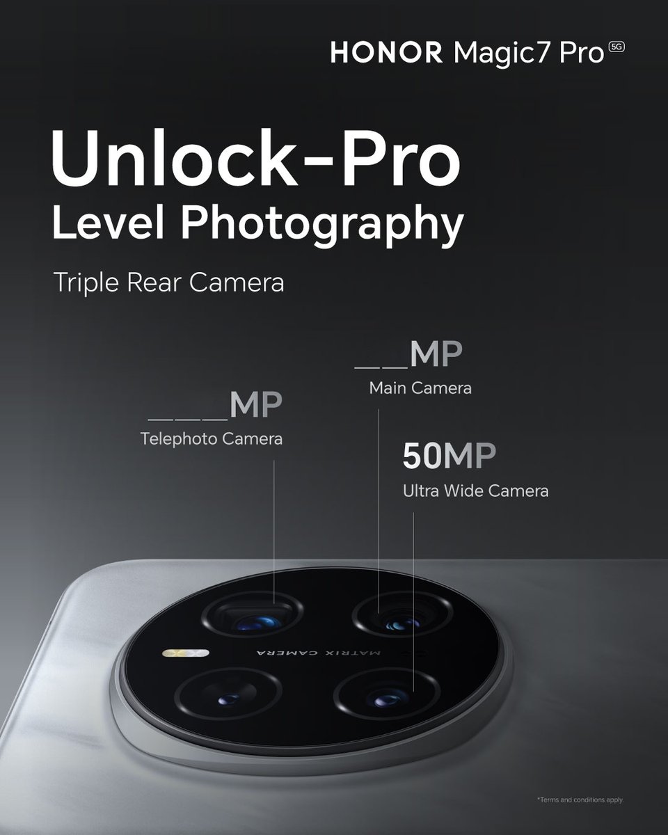 HonorAfrica's tweet photo. The HONOR Magic 7 Pro features a super crisp main shooter and a telephoto lens 📷

Can you take a wild guess at the MEGA Pixels for both cameras? 🤔

Drop your guesses below  
Follow us, tag 3 friends, use #HONORMagic7Pro and we could sprinkle some magic in your DM's ✨ https://t.co/LNRLwVGpbr