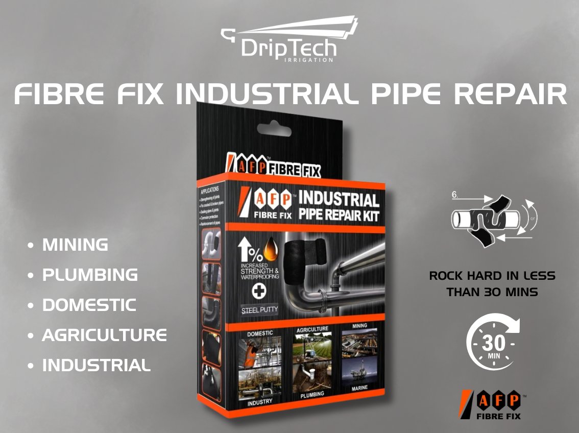 DriptechI's tweet image. Now at DripTech! 

Fix leaks fast with AFP FibreFix Repair Kits—strong, durable &amp;amp; waterproof in minutes! 

Works on PVC, metal, rubber &amp;amp; more, withstanding up to 200°C. No tools needed! 

Available at all DripTech branches. Get yours today! #FixItFast #DripTech