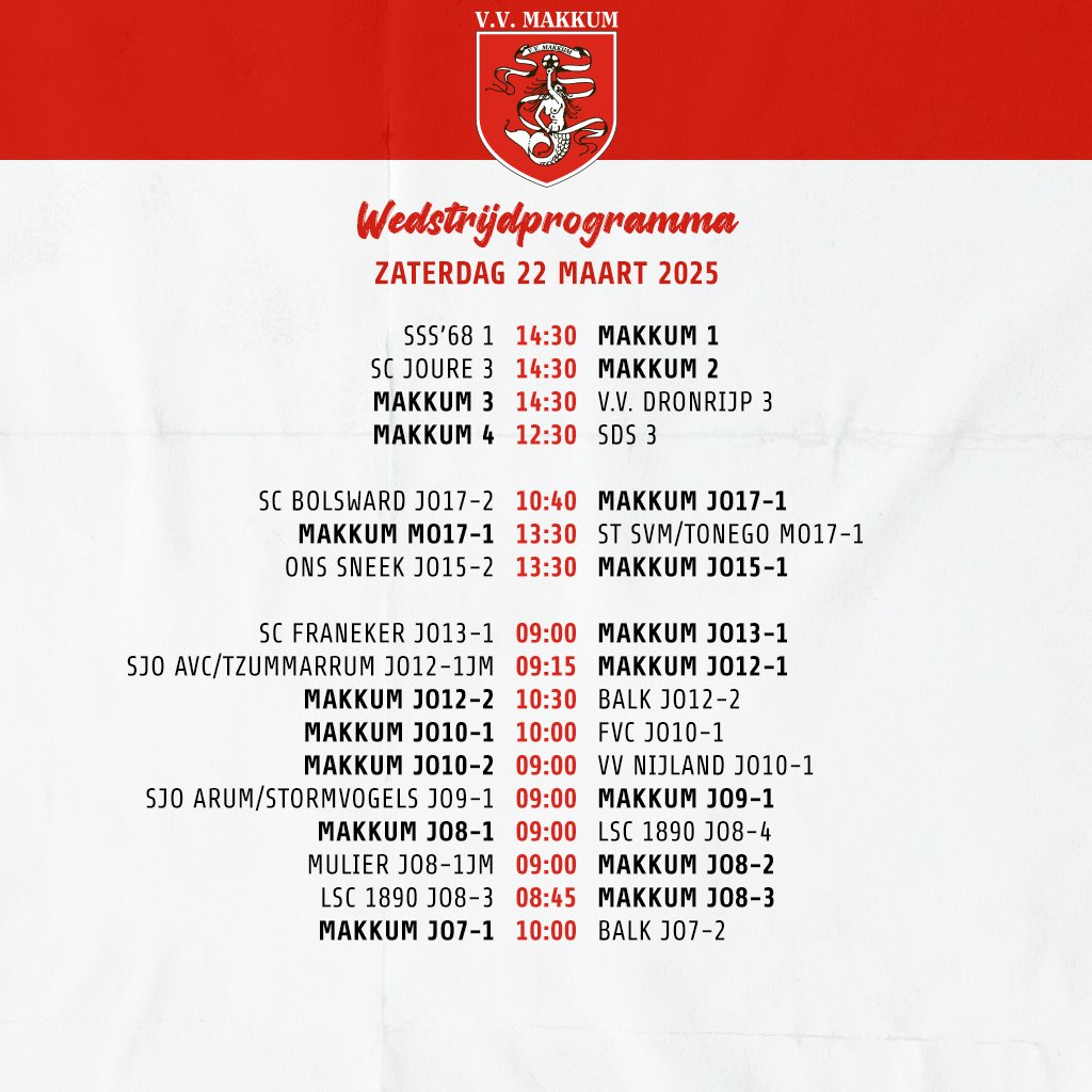Het wedstrijdprogramma voor aanstaande zaterdag 22 maart.