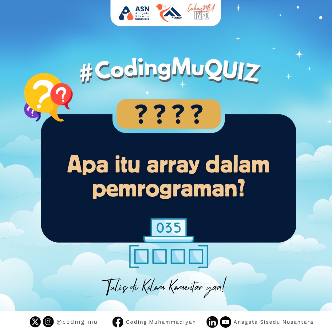 coding_mu's tweet image. Anak coding, spill dong ilmu kalian! 🔥

Pernah gak sih ngerasa ribet kalau harus nyimpen banyak data satu per satu? 🤯

Nah, di sinilah Array jadi penyelamat!💡

❓ Apa fungsi Array dalam pemrograman❓

Tulis jawabanmu di kolom komentar!

#codingmu #coding #trivia #quiz #belajar