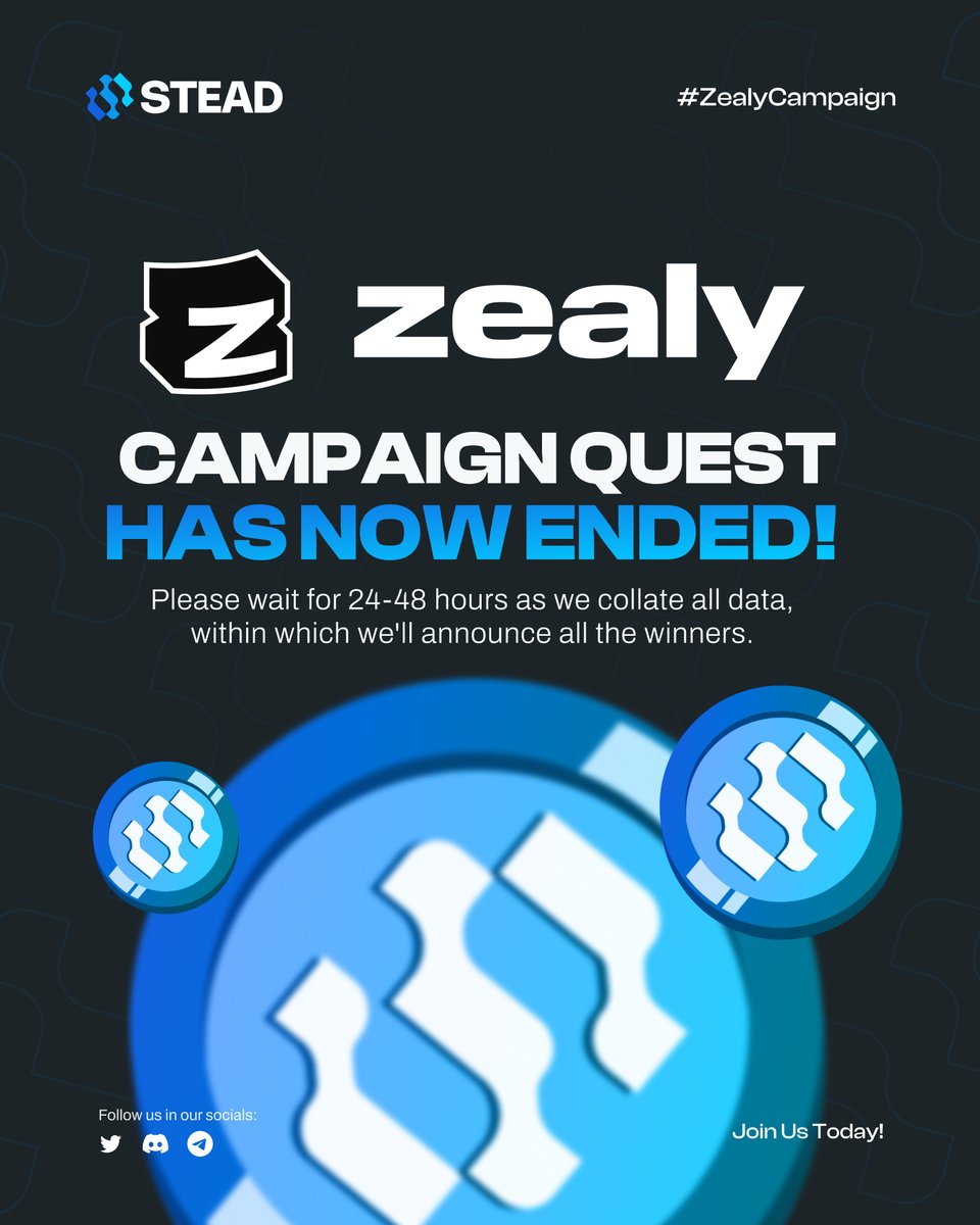 The Stead Marketplace Zealy Campaign Quest has officially ended! 🎉 We sincerely appreciate your amazing support and enthusiasm for STEAD—this wouldn’t have been possible without you!

We’re in the final stages of reviewing the results and will announce the winners within the