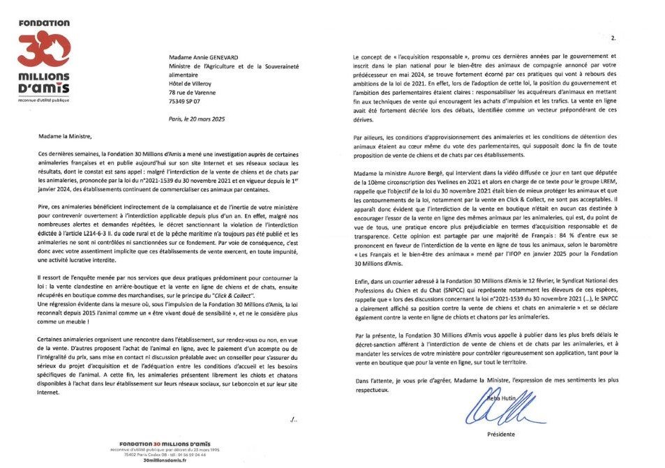 Fondation 30 Millions d'Amis (@30millionsdamis) on Twitter photo Reha Hutin, Présidente de la Fondation #30millionsdamis, interpelle le ministère de l'<a href="/Agri_Gouv/">Ministère Agriculture et Souveraineté alimentaire</a> et demande que la loi interdisant aux animaleries la vente de chiens & chats soit respectée. Reha Hutin, Présidente de la Fondation #30millionsdamis, interpelle le ministère de l'<a href="/Agri_Gouv/">Ministère Agriculture et Souveraineté alimentaire</a> et demande que la loi interdisant aux animaleries la vente de chiens & chats soit respectée.