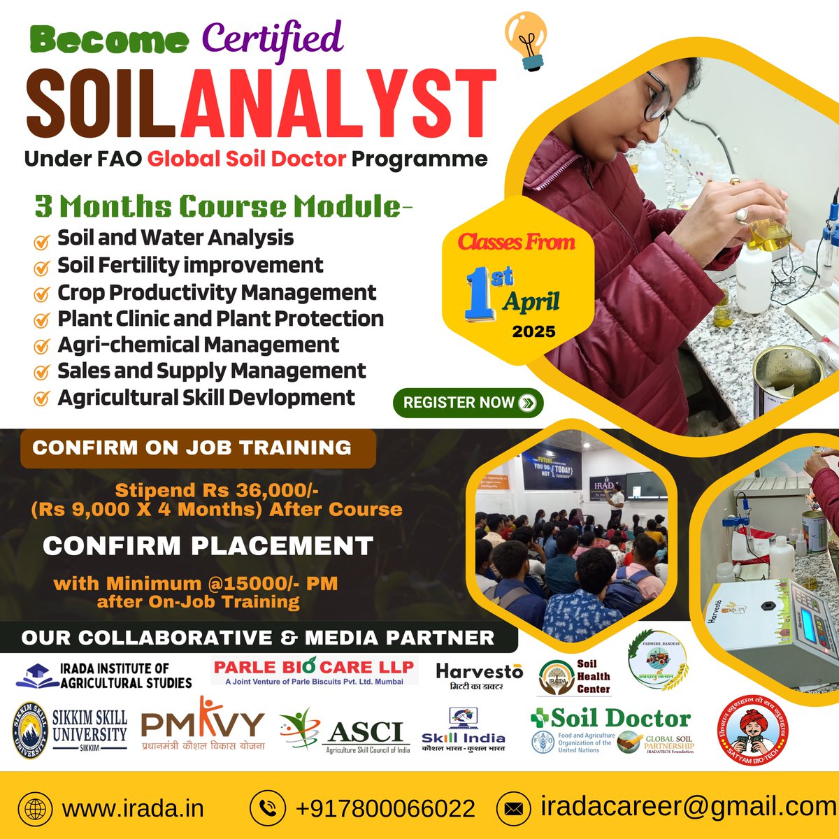 अब बने एक्सपर्ट Certified Soil Analyst ✅ ₹36,000/- स्टाइपेंड के साथ ऑन-जॉब ट्रेनिंग   📷 ₹15,000/- प्रति माह से शुरू होने वाली गारंटीड नौकरी  ,📞 अधिक जानकारी के लिए विजिट करें irada.in या कॉल करें 7800066022#soilhealth #trainings #agriculture #soiltesting