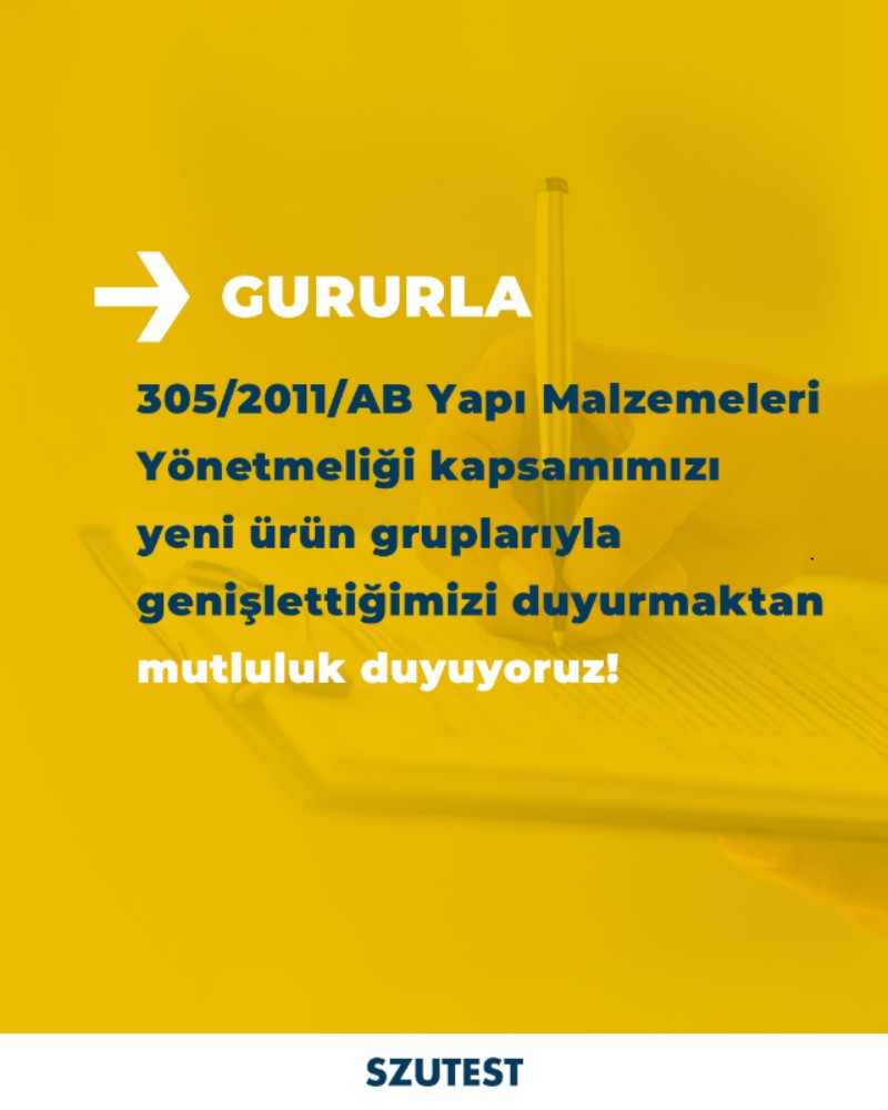 305/2011/AB Yapı Malzemeleri Yönetmeliği kapsamımızı yeni ürün gruplarıyla genişlettiğimizi duyurmaktan mutluluk duyuyoruz!
.
.
#szutest #yapımalzemeleri #cebelgesi #cesertifikası #nando