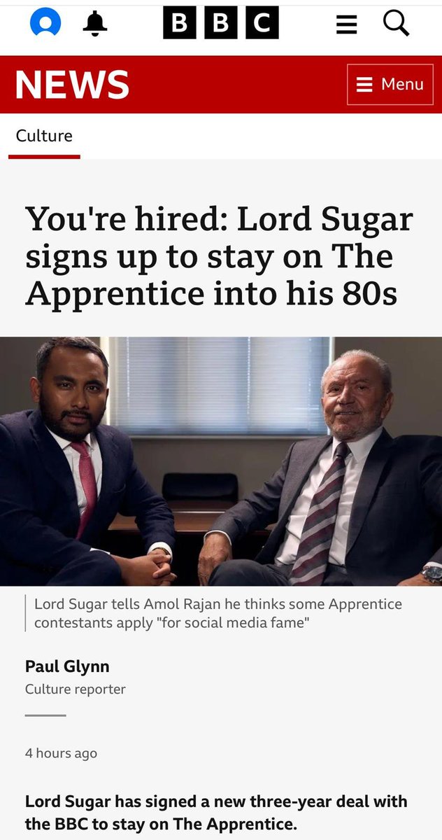 Andrew Bloch (@andrewbloch) on Twitter photo You're Hired: <a href="/Lord_Sugar/">Lord Sugar</a> signs a new deal with BBC to stay on The Apprentice into his 80s
bbc.co.uk/news/articles/… You're Hired: <a href="/Lord_Sugar/">Lord Sugar</a> signs a new deal with BBC to stay on The Apprentice into his 80s
bbc.co.uk/news/articles/…