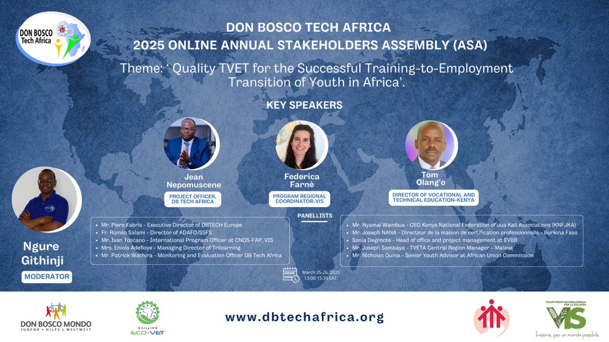 On 25th &amp; 26th March 2025, Don Bosco Tech Africa will host its online Annual Stakeholders Assembly (ASA) under the theme: “Quality TVET for the Successful Training-to-Employment Transition of Youth in Africa.”
This event will bring together local and international stakeholders in