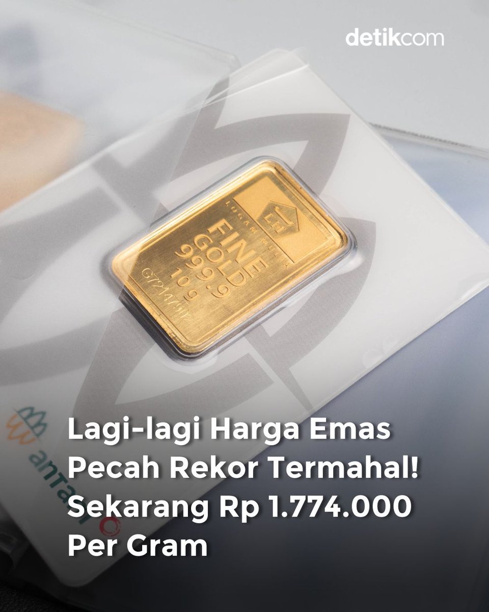 detikcom's tweet photo. HARGA EMAS PECAH REKOR LAGI! 😱💰⁣
⁣
Harga emas Antam 24K hari ini (20/3/2025) naik Rp 15.000 per gram ke Rp 1.774.000! 🔥 Ini jadi harga tertinggi sepanjang sejarah, lho!⁣
⁣
Ada yang makin semangat nabung emas?

>> https://t.co/K0ltUbBiVC https://t.co/kgGwODwZOb