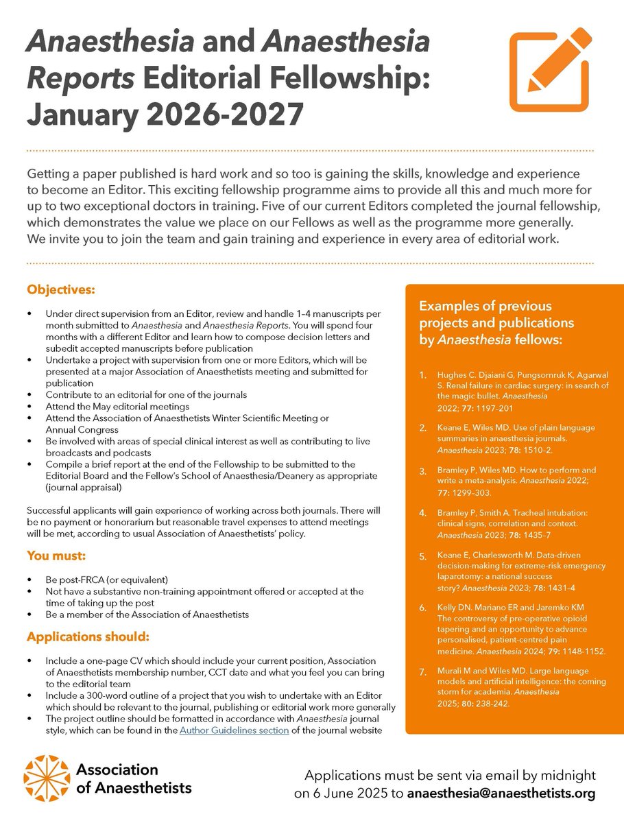Come and work with us!

Multiple positions available for Editors and Editorial Fellows.

Apply now! #anaesthesia

Editors: …-publications.onlinelibrary.wiley.com/pb-assets/hub-… 

Editorial Fellow: …-publications.onlinelibrary.wiley.com/pb-assets/hub-…