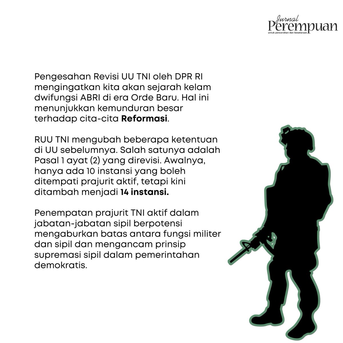 jurnalperempuan's tweet photo. (1)

Sahabat, Revisi UU TNI resmi disahkan pada hari Kamis (20/3/2025) ini. Berbagai elemen masyarakat sipil dengan keras menolak RUU ini, tetapi entah kenapa UU ini tetap dikebut dengan proses kilat.

#RUUTNI #TolakRUUTNI https://t.co/ZnXU9Qfjgk