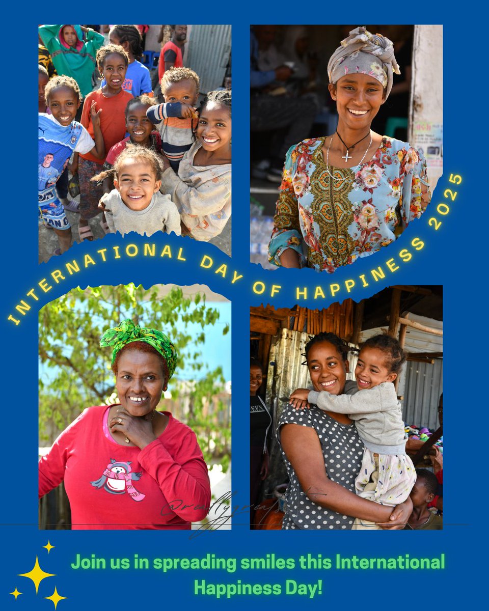 Join us in spreading smiles this #InternationalHappinessDay! ☀️😊 This year's theme, Caring and Sharing, reminds us that kindness and generosity bring joy to others. Thank you for helping us spread happiness across Ethiopia! 🇪🇹💙 Share this post &amp; keep spreading joy! ❤️🌍