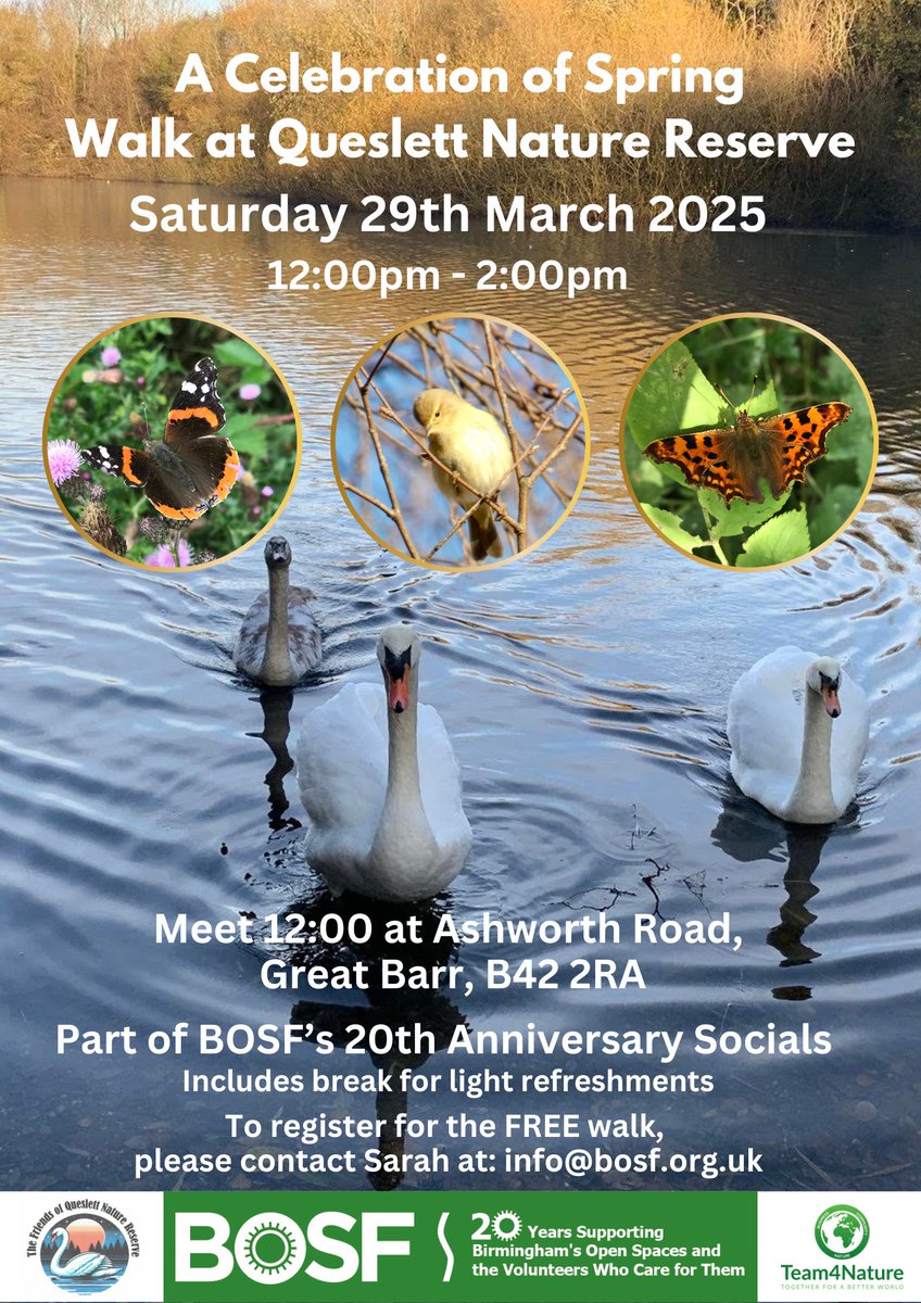 BOSF - @bosfonline.bsky.social 🦋 (@bosfonline) on Twitter photo Join us & <a href="/FriendsQueslett/">@The Friends of Queslett Nature Reserve</a> for a guided nature walk on Sat 29th March, 12-2pm! Led by <a href="/Chris4Patches/">Chris Millward Jnr</a>, we'll explore local habitats, spotting early butterflies, birds & wildflowers.
Celebrate 20 years of BOSF with a peaceful afternoon in nature! 💚
Register now: info@bosf.org.uk Join us & <a href="/FriendsQueslett/">@The Friends of Queslett Nature Reserve</a> for a guided nature walk on Sat 29th March, 12-2pm! Led by <a href="/Chris4Patches/">Chris Millward Jnr</a>, we'll explore local habitats, spotting early butterflies, birds & wildflowers.
Celebrate 20 years of BOSF with a peaceful afternoon in nature! 💚
Register now: info@bosf.org.uk