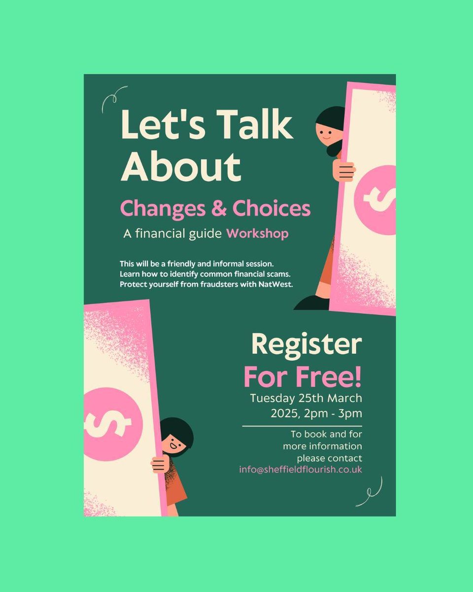 Sheffield Flourish (@shefflourish) on Twitter photo Have problems managing your budget?
We're hosting a Changes & Choices workshop by NatWest.
It's about understanding your relationship with money, how to deal with the unexpected, save for events & deal with debt.
🗓️Tues 25th Mar
🕑2-3pm
Book via E: info@sheffieldflourish.co.uk Have problems managing your budget?
We're hosting a Changes & Choices workshop by NatWest.
It's about understanding your relationship with money, how to deal with the unexpected, save for events & deal with debt.
🗓️Tues 25th Mar
🕑2-3pm
Book via E: info@sheffieldflourish.co.uk