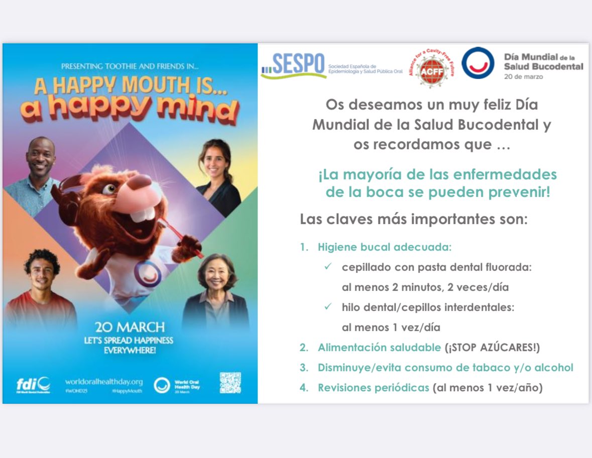 acff_es's tweet photo. 🦷 Hoy es el Día Mundial de la Salud Bucodental 🦷

Recuerda: cepilla, usa hilo dental, reduce azúcar y visita al dentista. ¡Prevenir es clave! 😁✨

#DíaMundialSaludBucodental #HappyMouth #SESPO #ACFF https://t.co/zLkViwmuNN