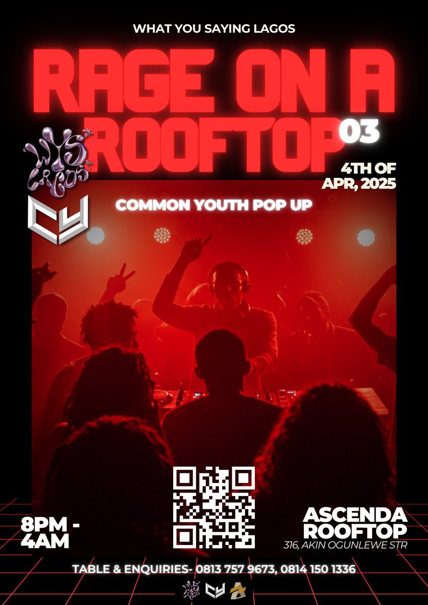 Wyslagos's tweet photo. Lagos, it’s takeover time! 🚀🔥
WYSLagos x commonyouths are bringing the vibes, visuals, music, and fashion to ROAR 03.
Don’t hear about it—BE ABOUT IT. 😮💨
Link in bio for tickets!
#roar #ragee #wyslagos #lagosnights #rooftop #djset #djmix https://t.co/HNjZnkazuW