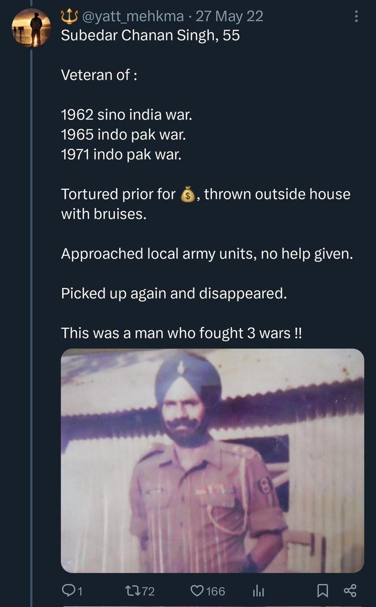 Punjab Police personnel raped 80 year old ladies and butchered 14 year old kids in 1990s.

A decorated war veteran Subedar Channan Singh of the SIKH REGIMENT was shot point blank, cut to shreds, and thrown in Harike Pattan by <a href="/PunjabPoliceInd/">Punjab Police India</a> 

Thread 👇🏼

x.com/yatt_mehkma/st…