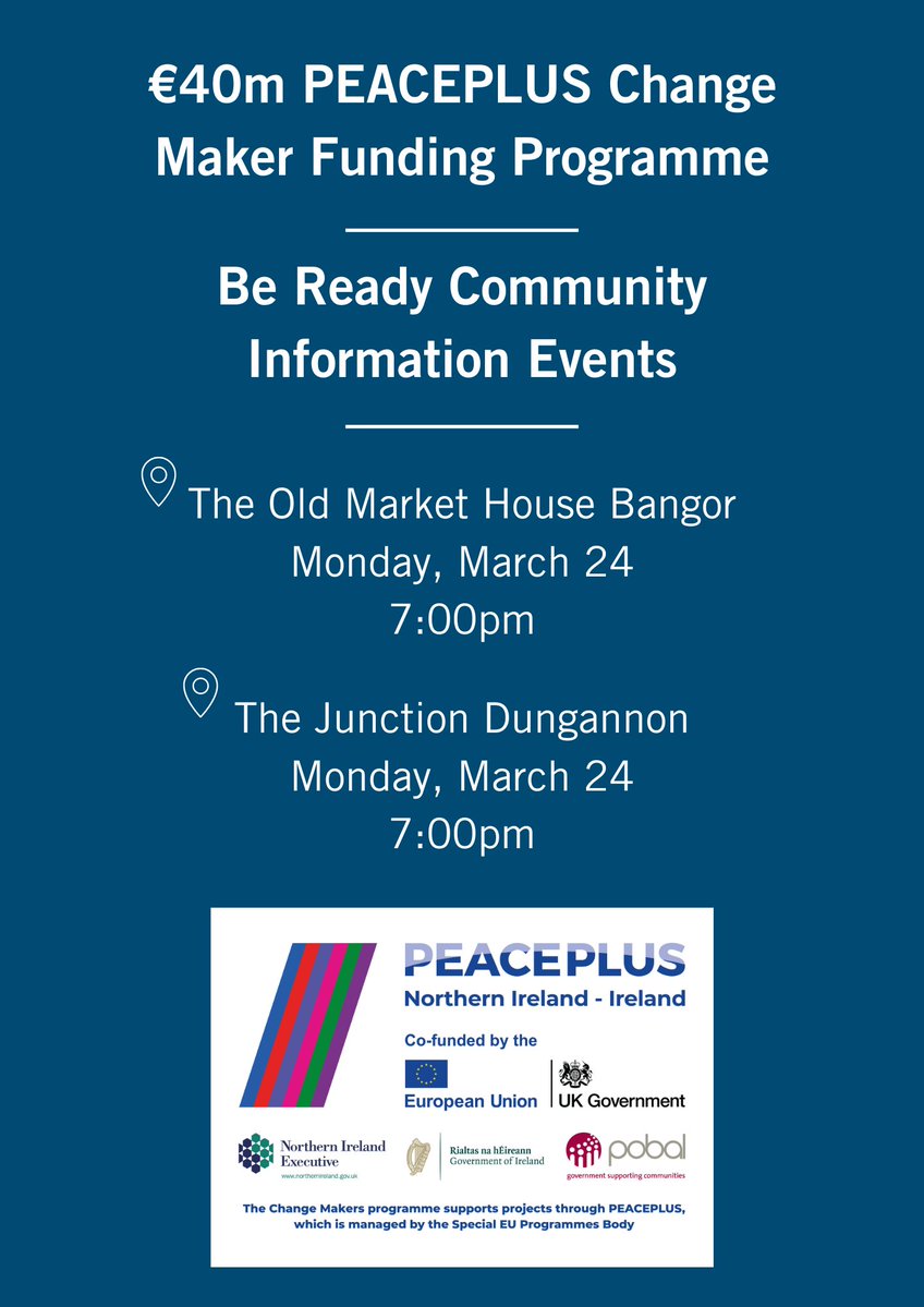 ❓Are you a community organisation in Northern Ireland or the border counties?
❓Interested in finding out more about the upcoming PEACEPLUS Change Maker Funding Programme? #PeaceChangeMakers

Join the first community information events:

seupb.eu/latest/news/eu…