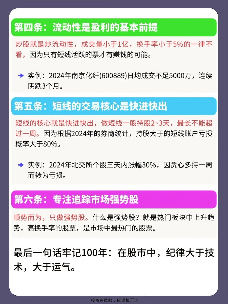炒股的六条铁律： 第一条5日线是短线的生命线； 第二条成交量是趋势转折的重要信号； 第三条MA60是判断趋势的分水岭；