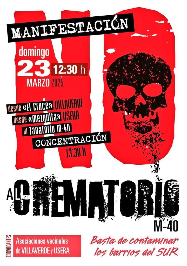¡Las asociaciones vecinales del sur de Madrid vuelven a convocar una manifestación este domingo! #NoAlCrematorioM40

Por la dignidad de sus barrios ¡BASTA DE CONTAMINACIÓN!

🗓️23 marzo | 12:30h
📍Desde 'El Cruce' en #Villaverde y la 'Mezquita' en #Usera ➡️Hasta el Tanatorio M40