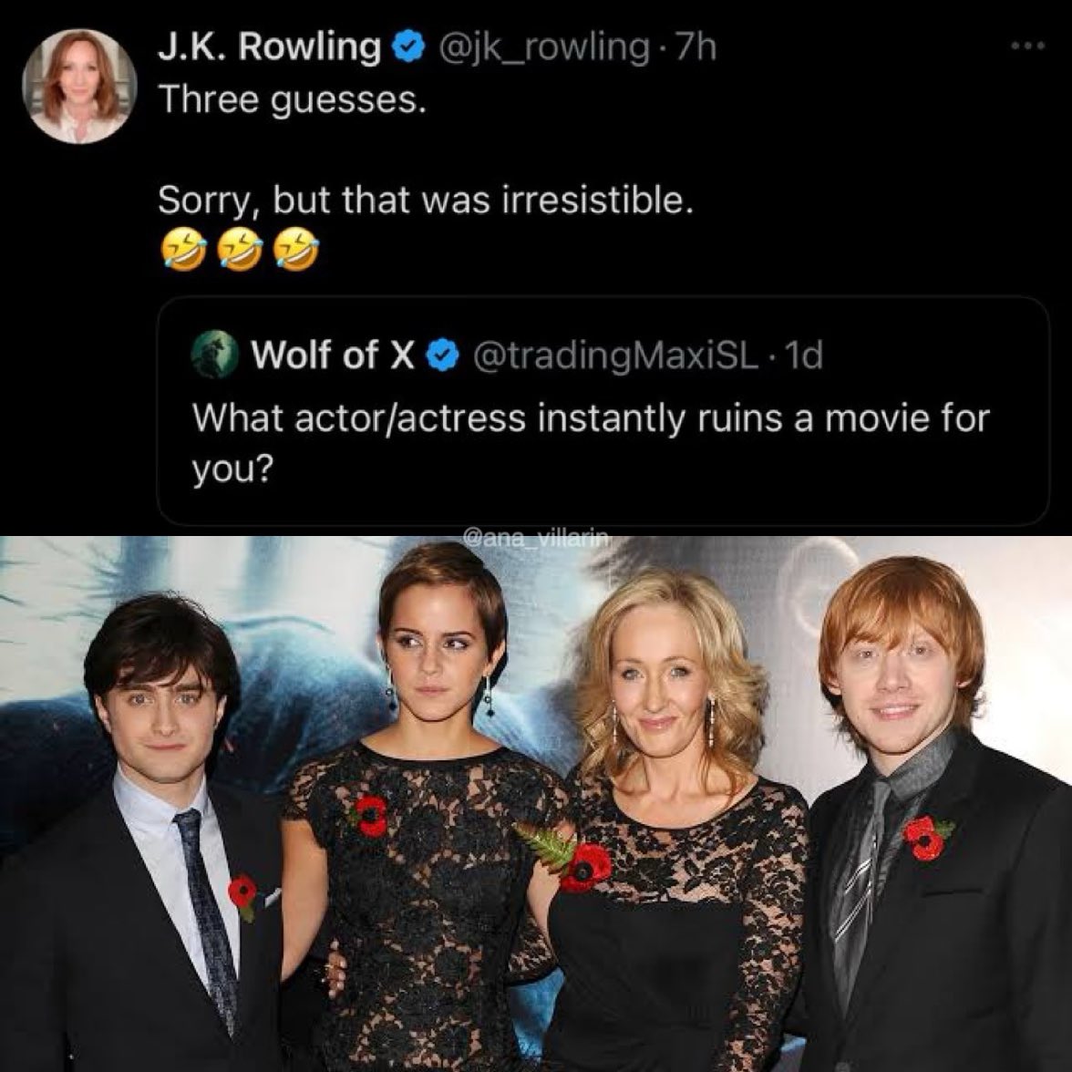 Una vez JK Rowling se atrevió a decir que las mujeres no tienen picha.

A consecuencia de eso, los tres putos niñatos que se hicieron famosos gracias a ella la insultaron. 

Ahora JK Rowling ha dicho esto y están todos los fans de Harry Potter llorando.