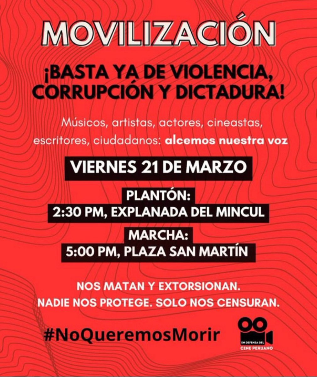 LIMAENESCENA10's tweet photo. #NoQueremosMorir #BastaYaDeImpunidad
¡Basta ya de violencia, corrupción y dictadura!

Este viernes 21 de marzo desde las 2:30 pm haremos un plantón en el frontis del MINCUL. A las 5:00 pm, nos uniremos con la comunidad de artistas y ciudadanos en la marcha nacional. ¡Sumémonos! https://t.co/oApciEKyen