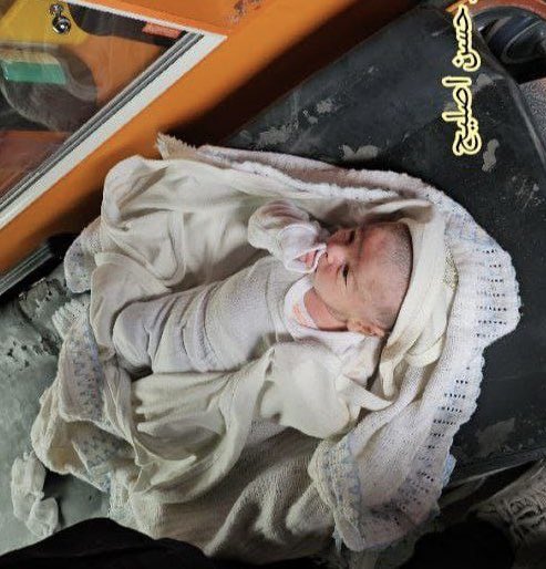 RewaaYahia's tweet photo. The Palestinian infant Eila Abu Daqa was the only child that survived the Israeli air strike on the house of her family yesterday that killed both of her parents. She will be one of the 20 thousand Palestinian orphans who lost their parents during the Israeli Genocide in Gaza. https://t.co/KnPz6DozQ1