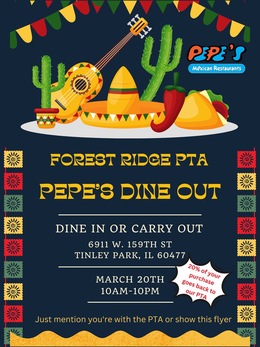 Just a reminder that our Pepe's Dine Out is today!!! You can do anywhere between 10am-10pm. Just mention you're with the PTA &amp; they'll donate 20% back to us!!!