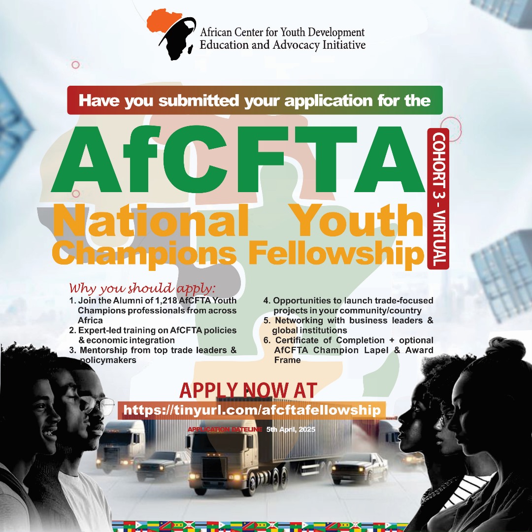 This is your opportunity to represent your country, build your trade leadership skills, and join a continental network of young African change-makers.

📅 Application Deadline: 5th April 2025
🔗 Apply Now: tinyurl.com/afcftafellowsh…

👥 Tag someone you believe deserves this.