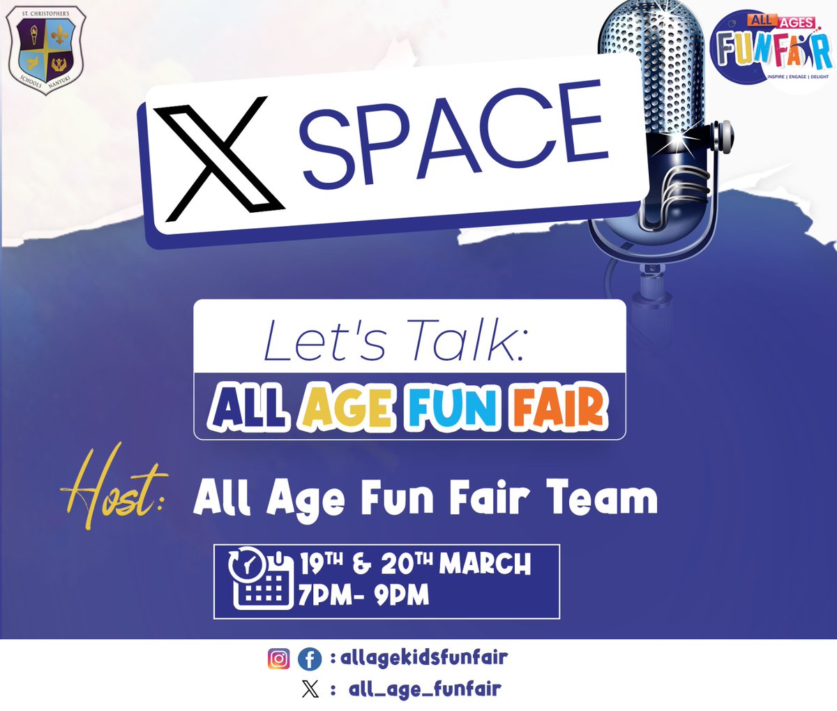 all_age_funfair's tweet photo. Join us on X Space tomorrow for 
Let’s Talk: All Age Fun Fair”where we will  discuss marketing, networking, and everything you need to know about the upcoming fair.
Date &amp; Time: March 20, 7pm–9 PM
Host :All Age Fun Fair Team and @StNanyuki https://t.co/VIBiDKI7LS