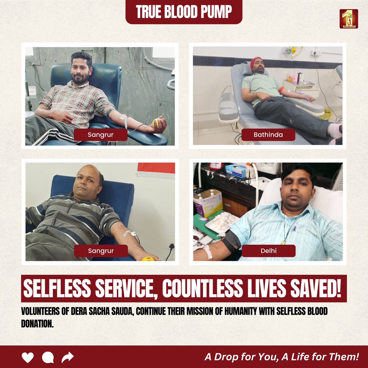 DSSNewsUpdates's tweet photo. Inspired by Saint Dr. MSG, Dera Sacha Sauda volunteers are stepping up once again, donating blood to save lives across the world. Their compassion knows no boundaries! 🩸🌎 
#DSSVolunteers #BloodDonationDrive #SaintDrMSG https://t.co/iqlXkzQEul