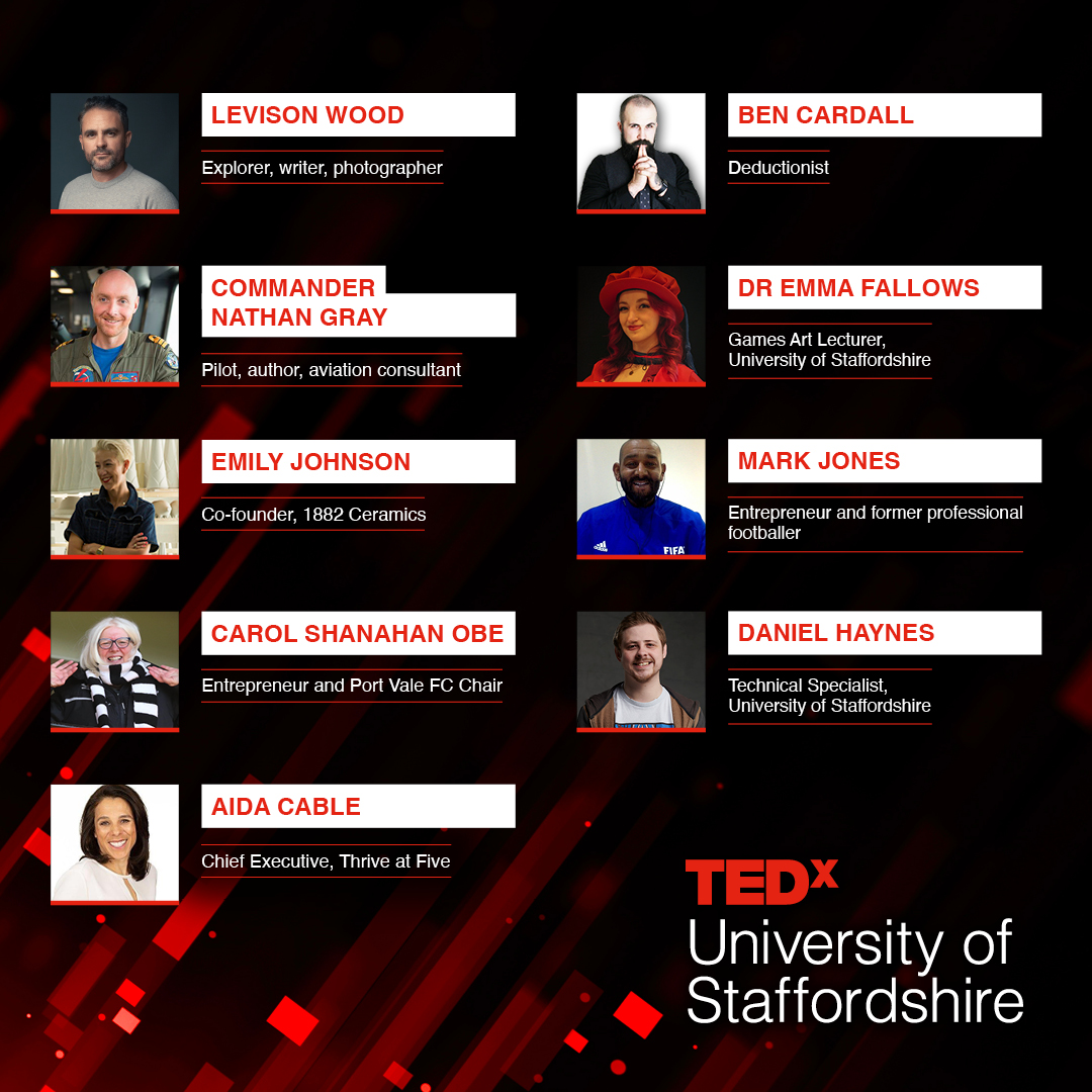 TEDxUniversityofStaffordshire (@tedxuniofstaffs) on Twitter photo Adventure into the Unknown at @TEDxUniversityofStaffordshire!
Featuring:
<a href="/Levisonwood/">Levison Wood</a> – Explorer & documentary-maker
Carol Shanahan OBE – <a href="/PORTVALEFC/">PORT VALE FC</a> Chair
Emily Johnson – <a href="/1882ltd/">Emily Johnson</a> Ceramics co-founder
Dr Emma Fallows & Daniel Haynes – <a href="/UniofStaffs/">University of Staffordshire</a>
Tickets drop next month! Adventure into the Unknown at @TEDxUniversityofStaffordshire!
Featuring:
<a href="/Levisonwood/">Levison Wood</a> – Explorer & documentary-maker
Carol Shanahan OBE – <a href="/PORTVALEFC/">PORT VALE FC</a> Chair
Emily Johnson – <a href="/1882ltd/">Emily Johnson</a> Ceramics co-founder
Dr Emma Fallows & Daniel Haynes – <a href="/UniofStaffs/">University of Staffordshire</a>
Tickets drop next month!