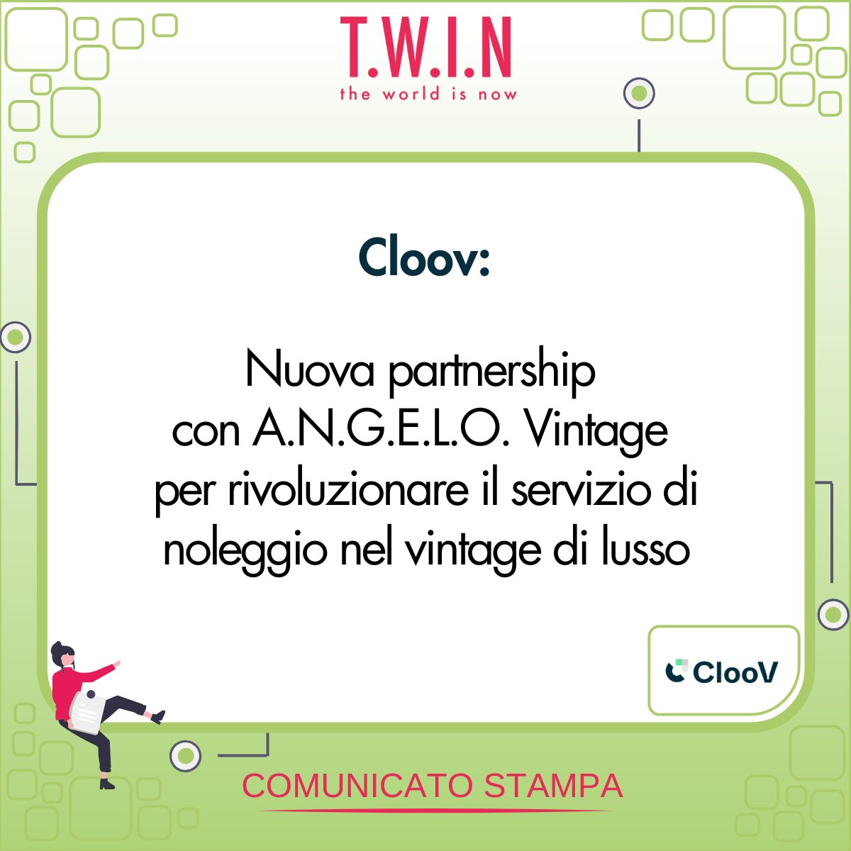 Cloov sigla una nuova collaborazione con A.N.G.E.L.O. Vintage, punto di riferimento della moda vintage, per il lancio di A.N.G.E.L.O. Vintage Rental,  innovativo servizio digitale dedicato al noleggio di capi e accessori di lusso. 
Comunicato Stampa: shorturl.at/4pqro