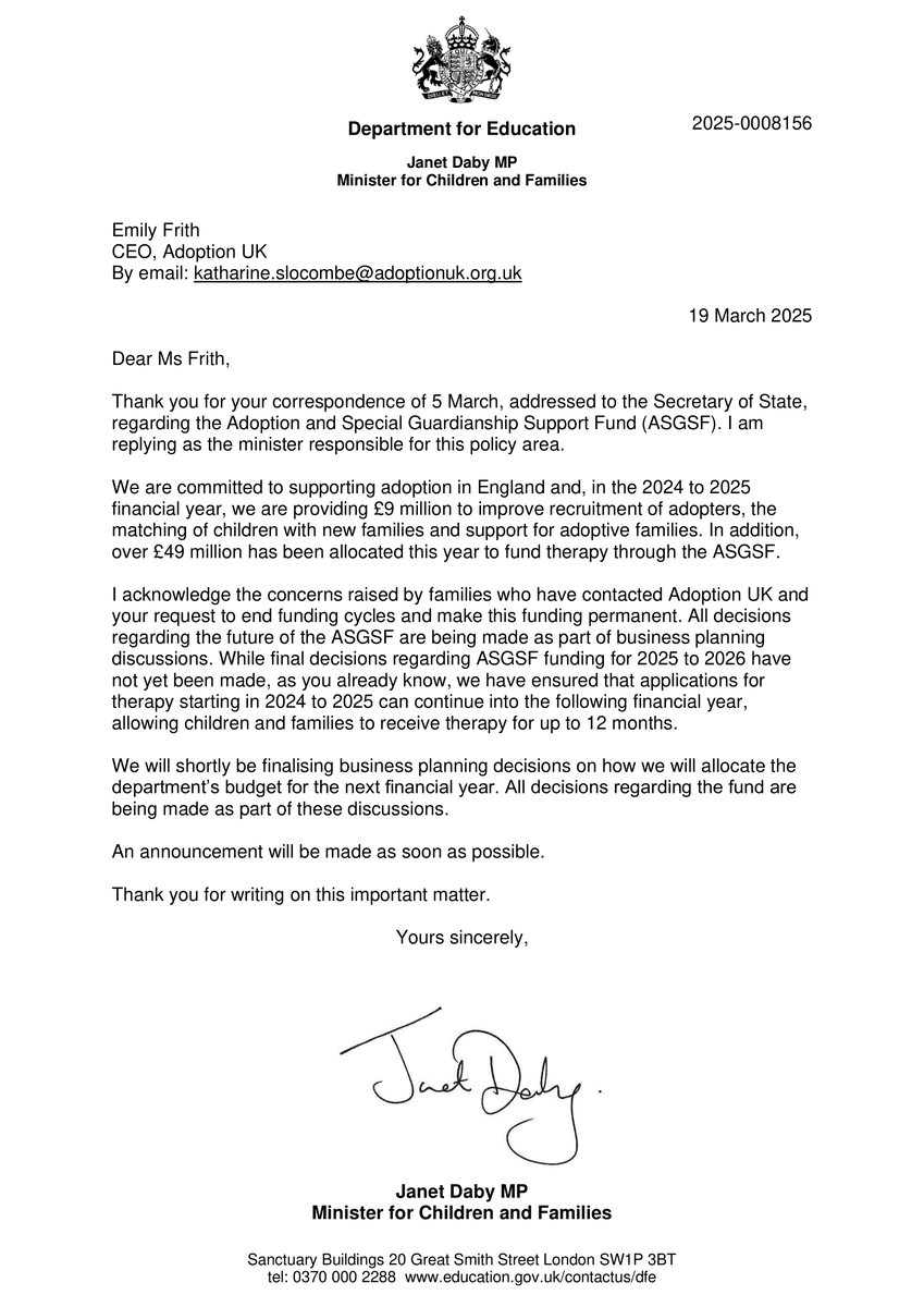 We've received this response to our open letter about the ASGSF from the Minister for Children and Families Janet Daby MP. We are keeping up the pressure for a decision in favour of protecting this vital fund. We will share news as soon as we have any. adoptionuk.org/asgsf-campaign