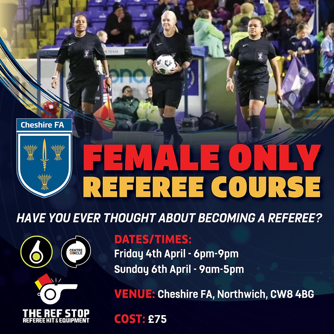 Cheshire_FA's tweet image. 𝗔𝘀𝗽𝗶𝗿𝗶𝗻𝗴 𝗙𝗲𝗺𝗮𝗹𝗲 𝗥𝗲𝗳𝗲𝗿𝗲𝗲𝘀 | Join us for our Female Only Referees Course, taking place on Friday 4 and Sunday 6 April. This is the first step on your refereeing journey - and we&apos;re offering this course for 50% off the usual price!