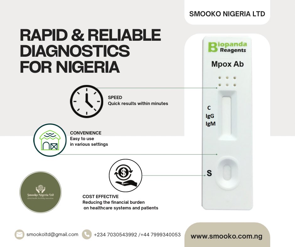 SmookoLtd's tweet photo. 🇳🇬 Exclusive Distributor of Biopanda Reagents in Nigeria providing #quality Rapid Diagnostic Kits:
🔬 #clinical (infectious diseases, tumor markers) 🥩 #FoodSafety 💊 #DOA
 🐾 #veterinary 

✅ Fast | 🏥 Convenient 💰 Cost-Effective
📩 smookoltd@gmail.com | 📞 +234 0543992 https://t.co/JPMNZ9VZvI