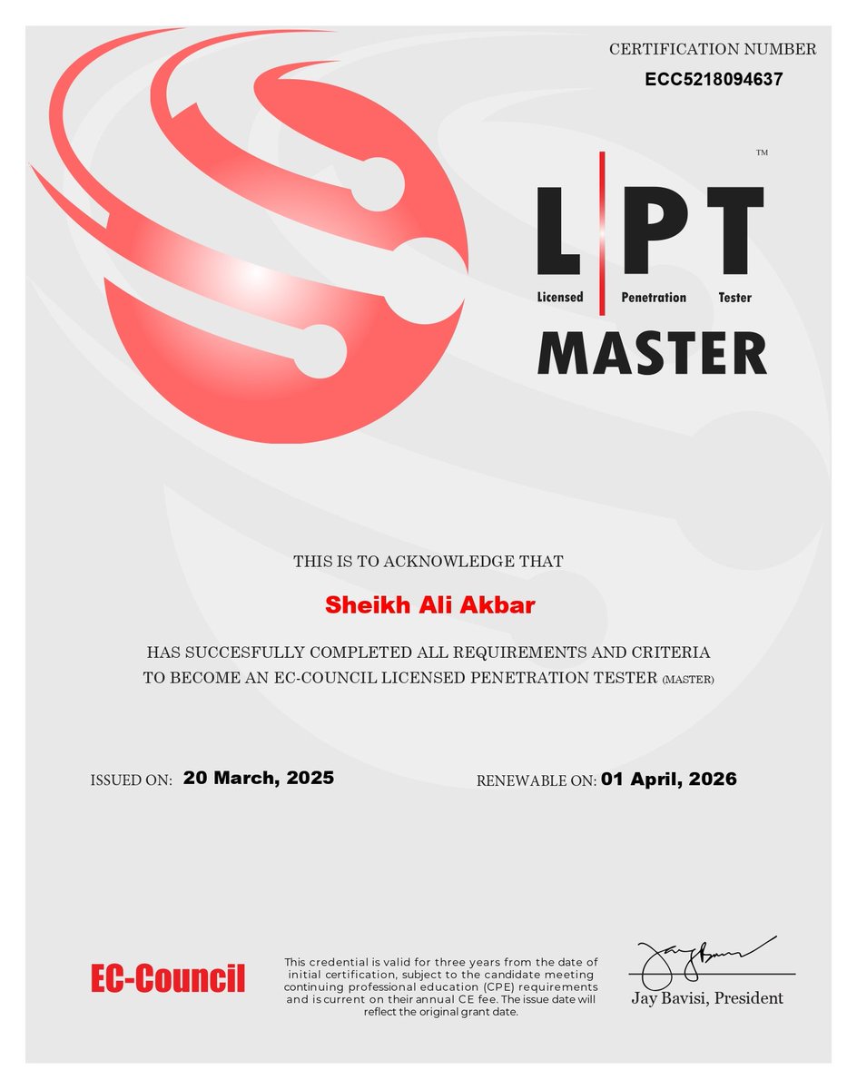 Proud to announce that I've earned the LPT (Master) and C|PENT certifications from <a href="/ECCOUNCIL/">EC-COUNCIL</a>!
Another step closer to achieving my dream career in cybersecurity. #CyberSecurity #Certified #EthicalHacking