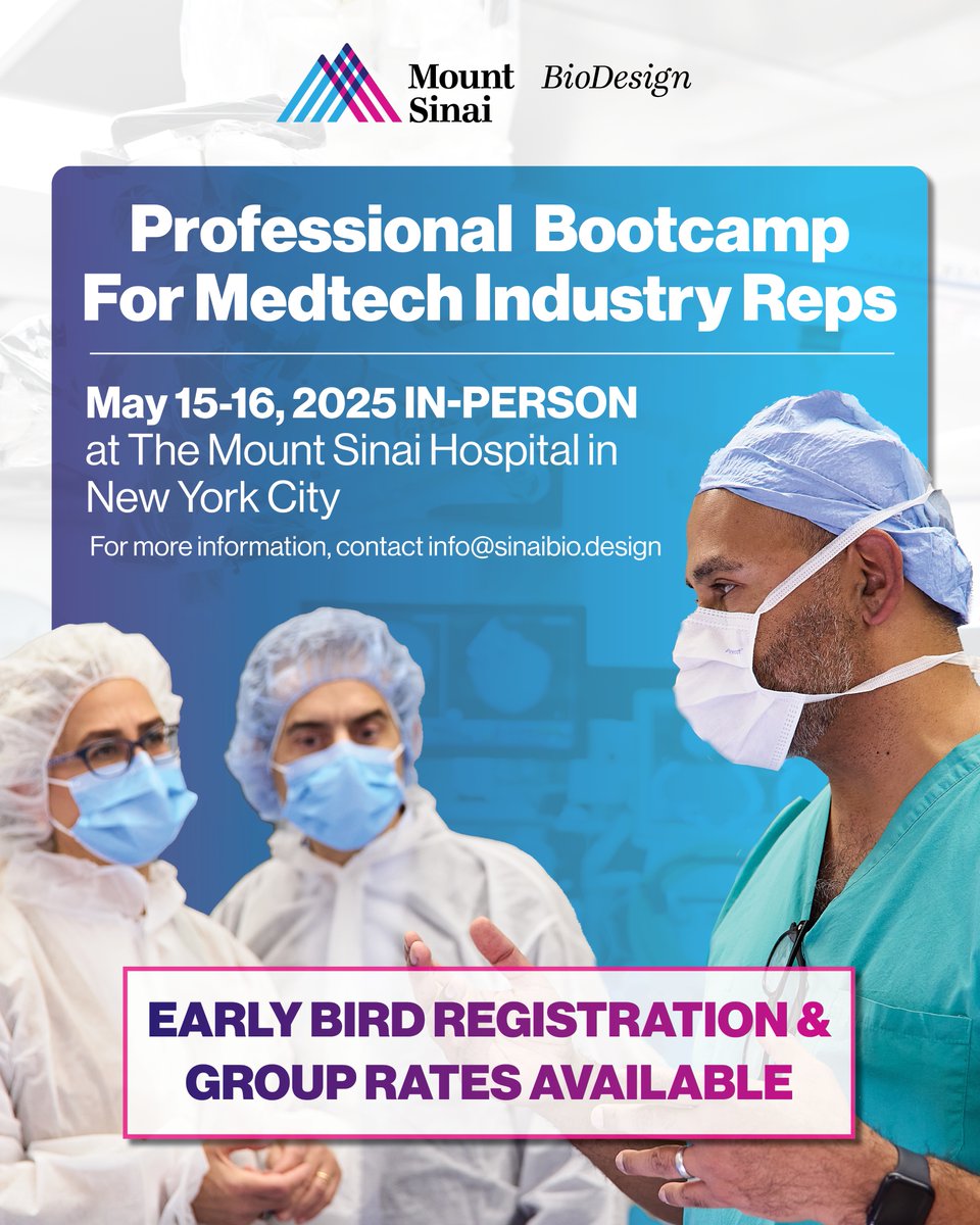 Mount Sinai Neurosurgery (@mountsinaineuro) on Twitter photo 🚨 Medical Technology Representatives, elevate your impact! 🚨 Join the inaugural MedTech OR Bootcamp hosted by <a href="/SinaiBioDesign/">Sinai BioDesign</a> on May 15-16. Gain hands-on experience, learn from top surgeons, and connect with industry leaders.👉 Register now: bit.ly/3ESuuRI 🚨 Medical Technology Representatives, elevate your impact! 🚨 Join the inaugural MedTech OR Bootcamp hosted by <a href="/SinaiBioDesign/">Sinai BioDesign</a> on May 15-16. Gain hands-on experience, learn from top surgeons, and connect with industry leaders.👉 Register now: bit.ly/3ESuuRI