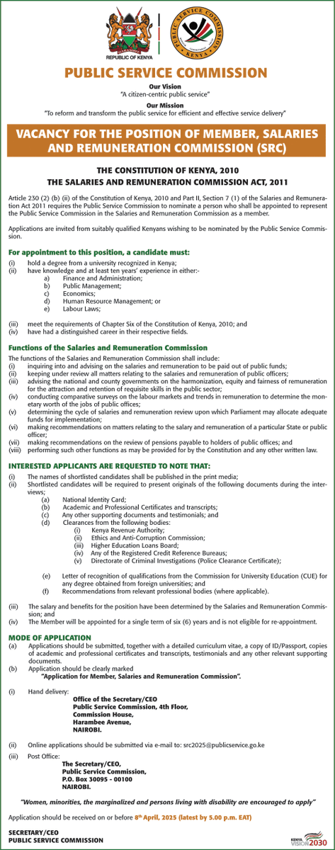 PSCKenya's tweet photo. !!! JOB ALERT !!!

Vacancy for the Position of Member , Salaries and Remuneration Commission (SRC)

Application Deadline: 8th April 2025.