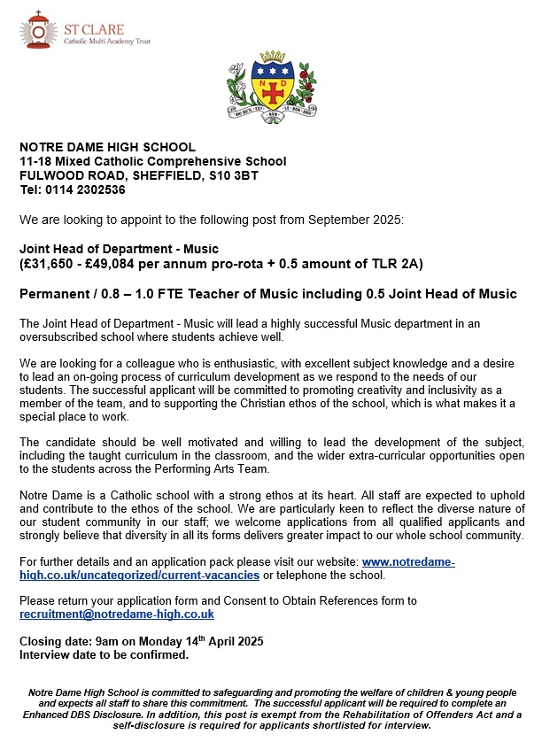We currently have an exciting #jobopportunity for a Joint Head of Music to lead our highly successful Music Department where students achieve well. For further information and to apply please visit notredame-high.co.uk/vacancies/join… Closing date 9am on Monday 14th April.