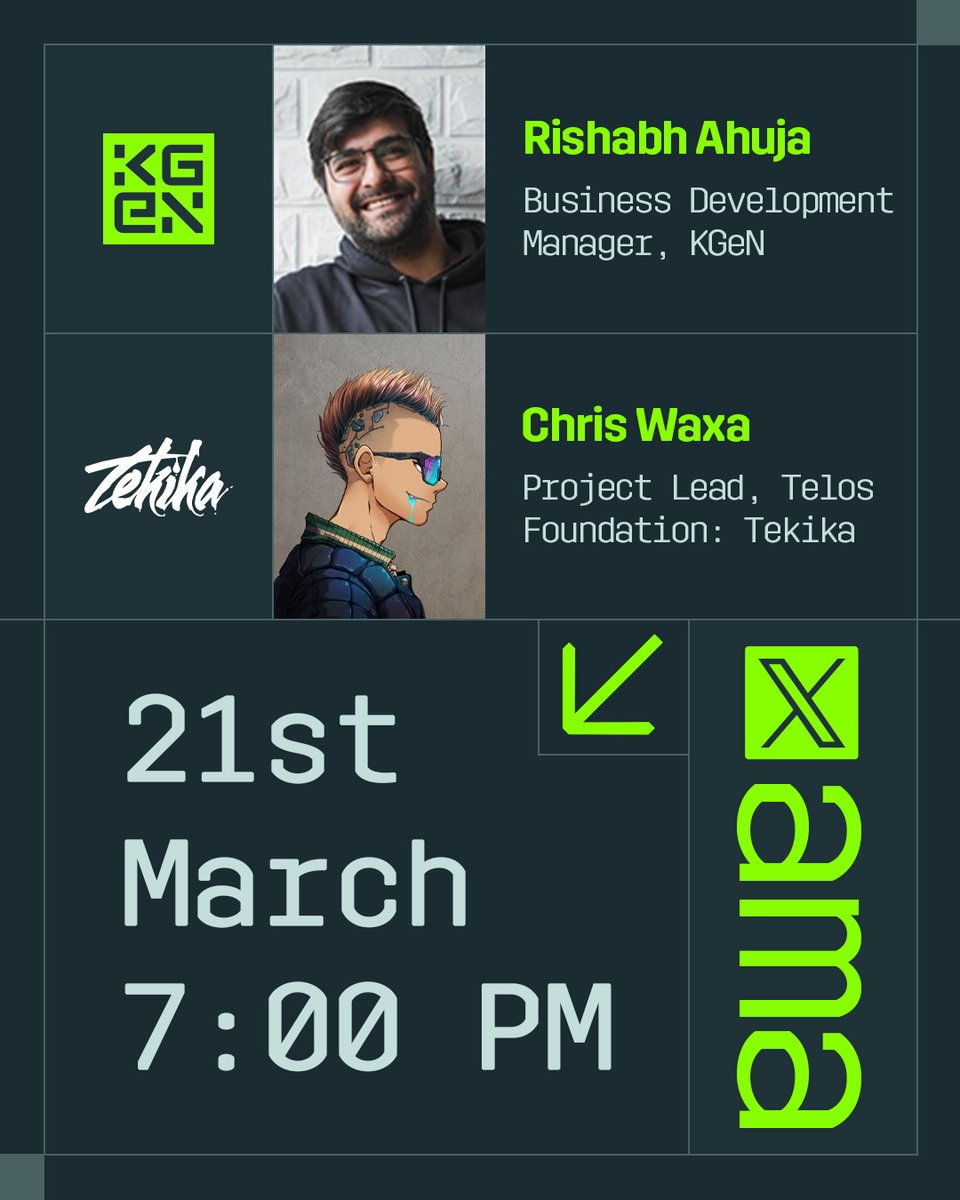 KGeN Community (@kgen_community) on Twitter photo New week calls for new alpha โ๏ธ
Join our AMA tomorrow with <a href="/RishAhuja/">Rishabh | KGeN</a> and Chris as they drop all the latest alpha on what's brewing with Tekika x KGeN.
๐ 21st March
โฐ7:00 PM IST
Set those reminders! ๐ New week calls for new alpha โ๏ธ
Join our AMA tomorrow with <a href="/RishAhuja/">Rishabh | KGeN</a> and Chris as they drop all the latest alpha on what's brewing with Tekika x KGeN.
๐ 21st March
โฐ7:00 PM IST
Set those reminders! ๐