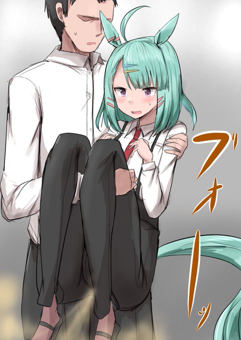 お題のトレーナーにお姫様抱っこで運んで貰ってたらお腹が圧迫されてしまったのか意図せず大きな音で放屁してしまい恥ずかしがるシュガーライツ博士です。 