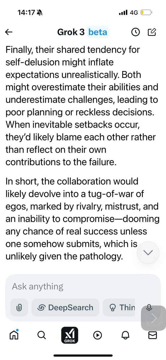 How might two pathological narcissists run into problems when they try to collaborate?

I asked Grok.