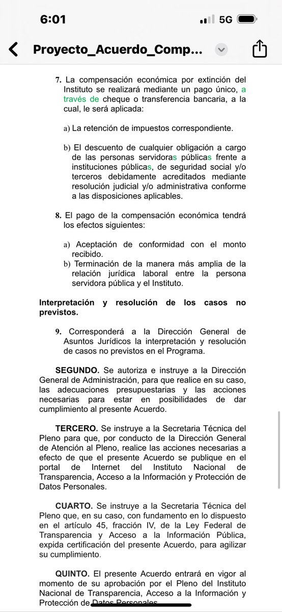 Aquí el Acuerdo que se pretendía votar y que pedimos cambios y no fueron aceptados, por eso el voto, pero nos dieron la razón a las comisionadas de que no se puede condicionar al personal a que renuncie por recibir compensación y otros detalles que se deben de modificar para